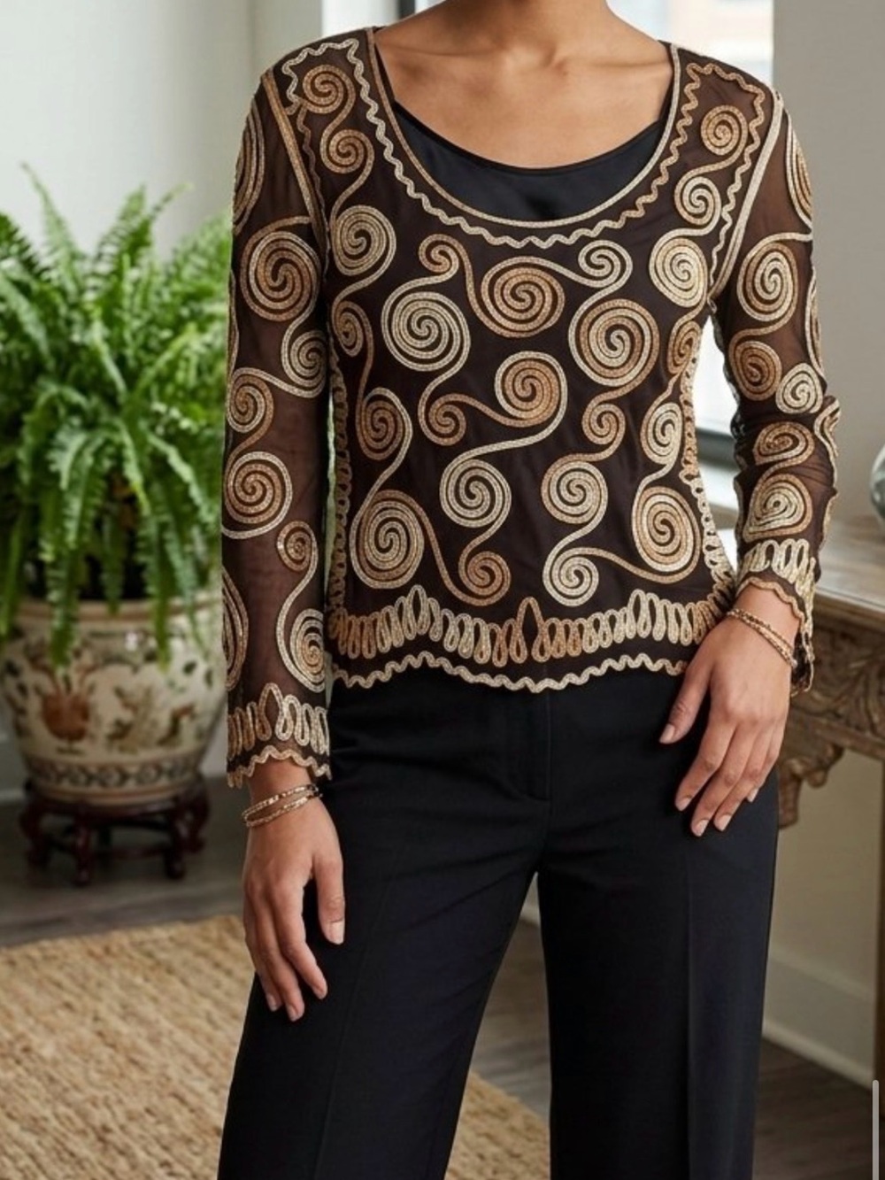 Sheer Black Top With Swirl Embroidery